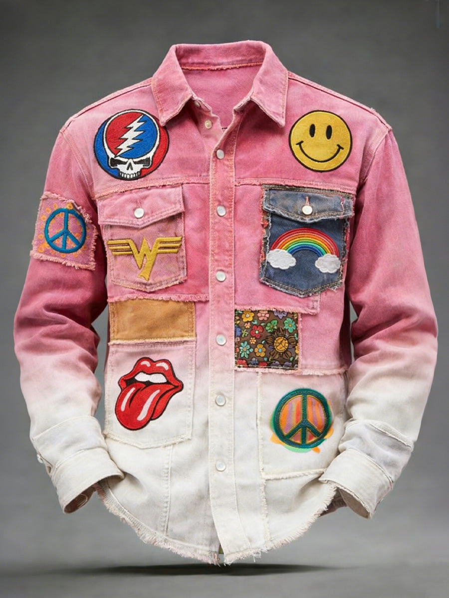 Men's Hippie Art Print Cotton Vintage Casual Cotton Long Sleeve Shirt