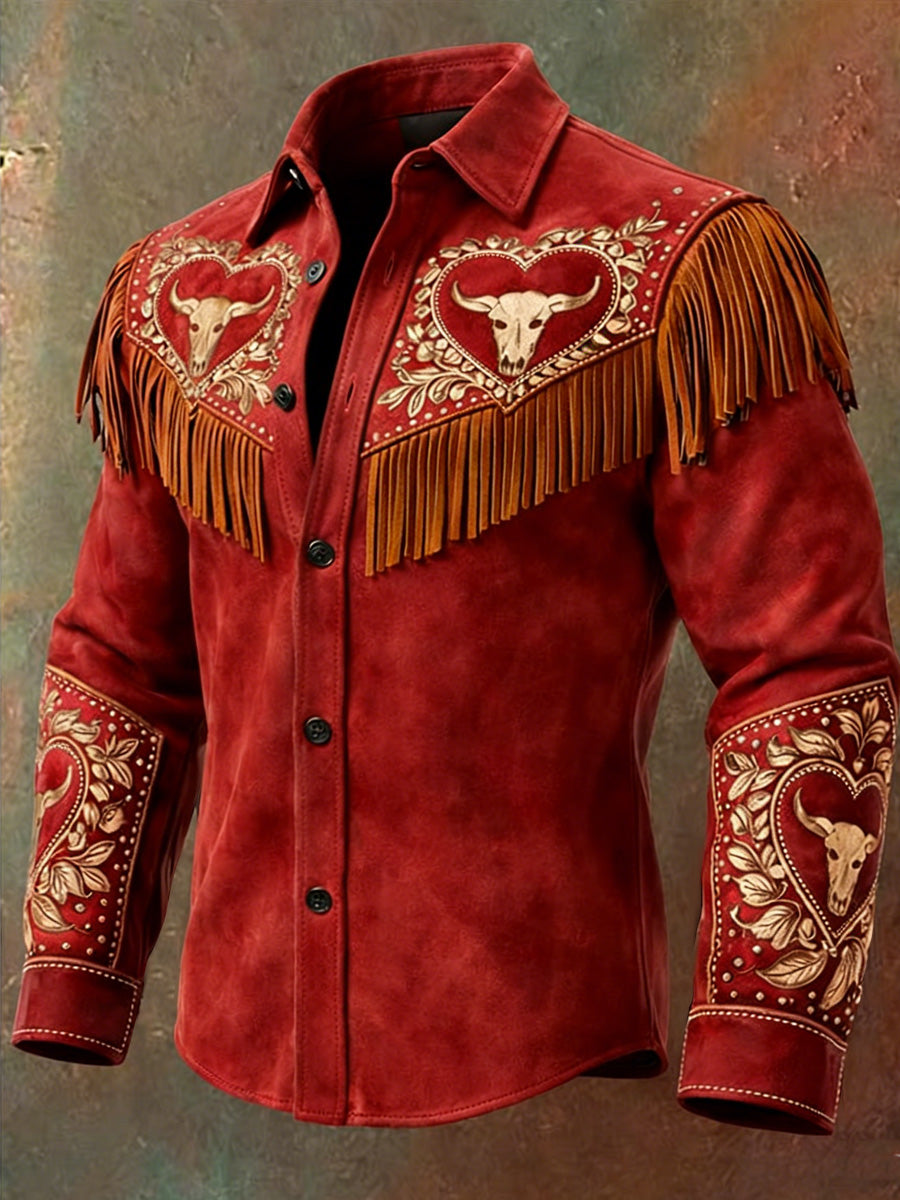 Men's Retro Western Style Heart Print Vintage Tassel Casual Long Sleeve Shirt