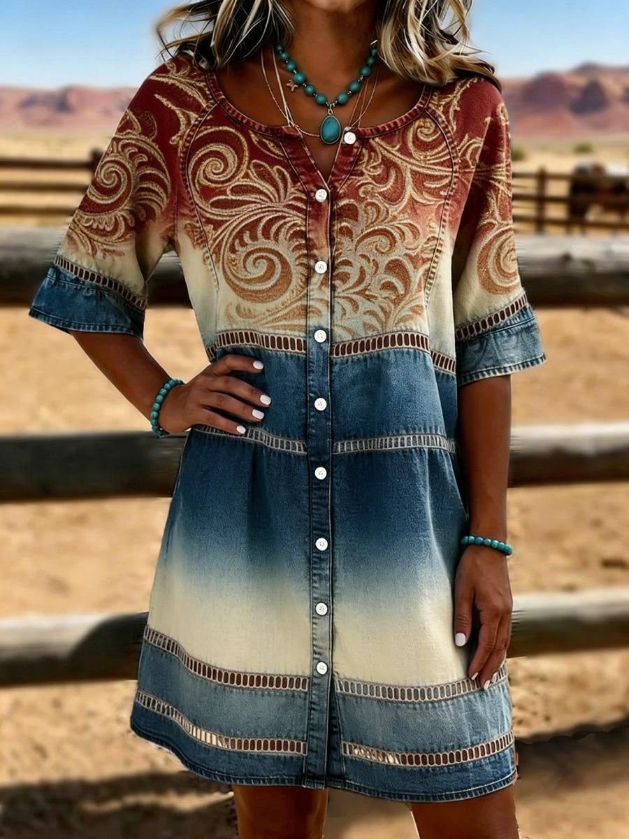 Retro Paisley Flowers Art Vintage Print Casual Hollow-Out Denim Dress