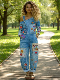 Women's Retro Floral Color-Blocked Art Print Washed Cotton Denim Patchwork Jumpsuit