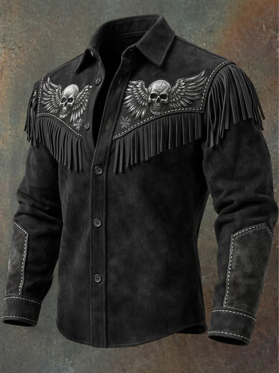 Men's Retro Western Style Art Print Vintage Tassel Casual Long Sleeve Shirt