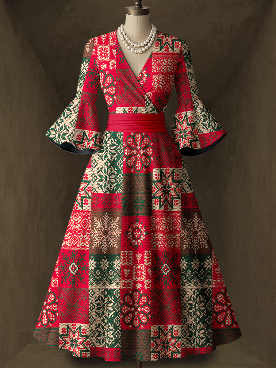Retro Christmas Art Printed V-Neck Vintage Chic Pleated Waist Flare Sleeve Midi Dress