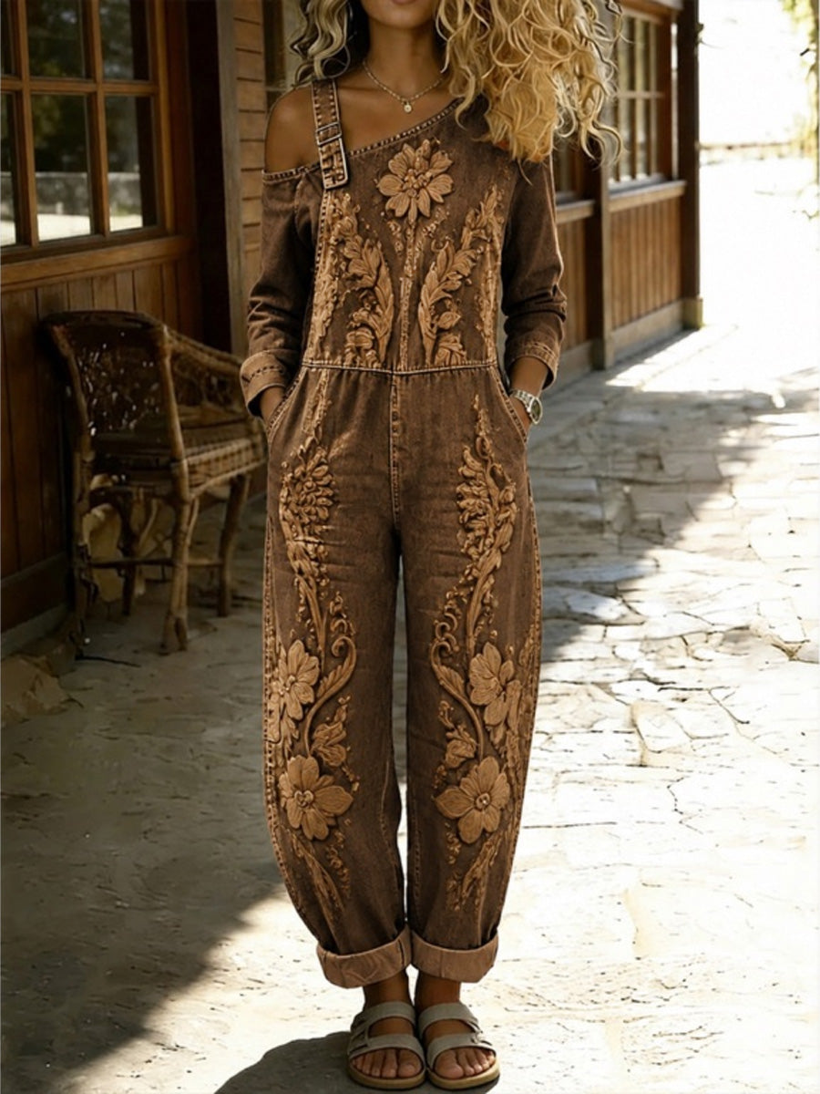 Women's Retro Style Floral Art Print Washed Cotton Denim Patchwork Jumpsuit
