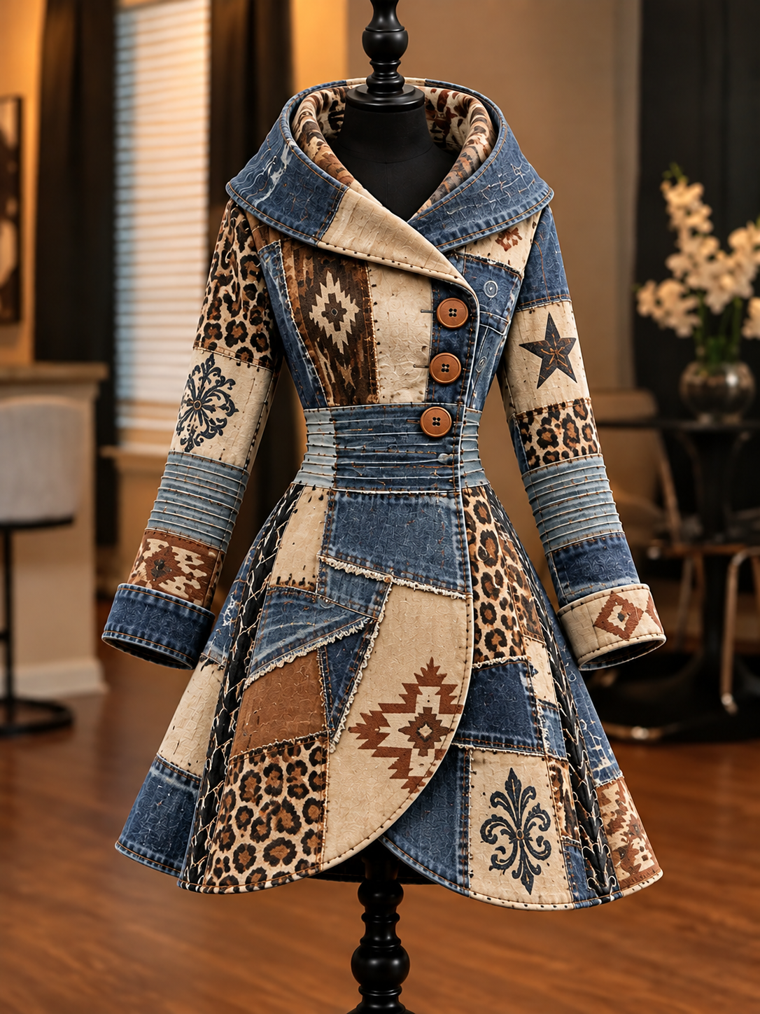 Women's Vintage Colorblock Asymmetrical Flared Coat