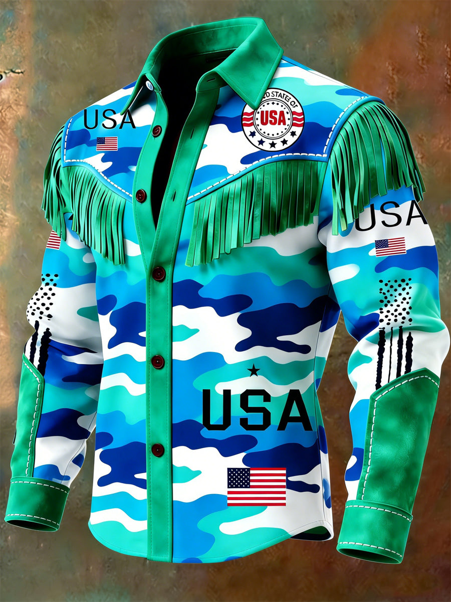 Men's USA Flag Art Western Style Print Vintage Tassel Casual Long Sleeve Shirt