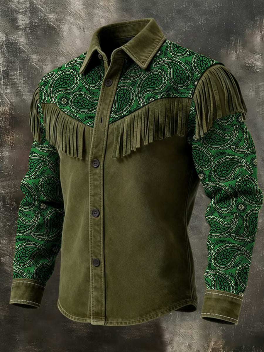 Men's Retro Western Style Art Print Vintage Tassel Casual Long Sleeve Shirt