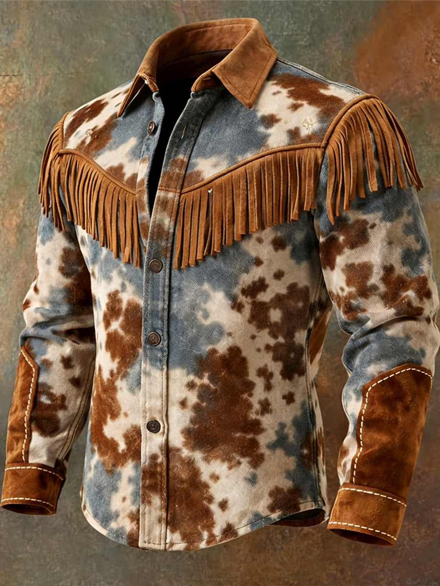 Men's Retro Western Style Print Vintage Tassel Casual Long Sleeve Shirt