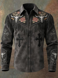 Men's Retro Western Style Art Print Vintage Tassel Casual Long Sleeve Shirt