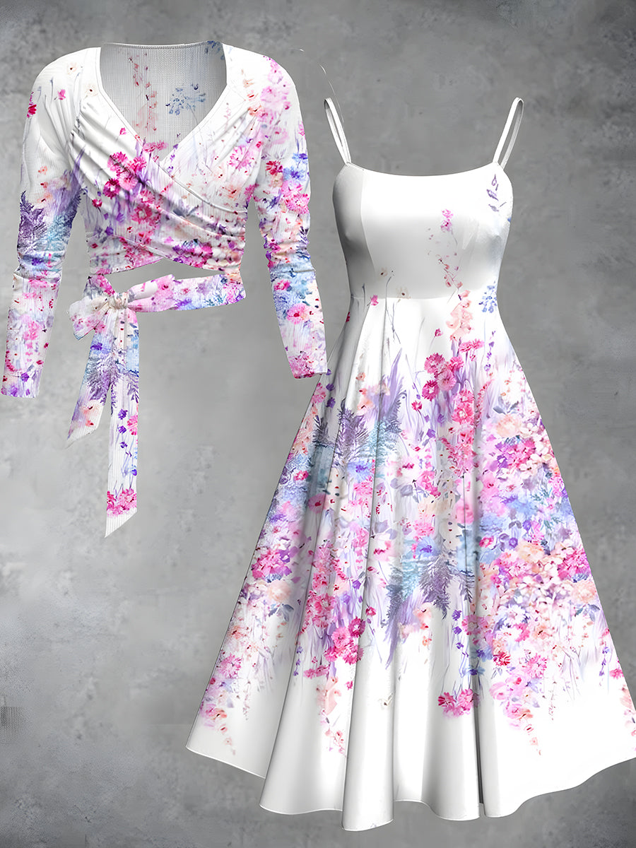 Retro Floral Art Printed Vintage Unique Slim Fit Cross Wrap Long Sleeve Two-Piece Midi Dress