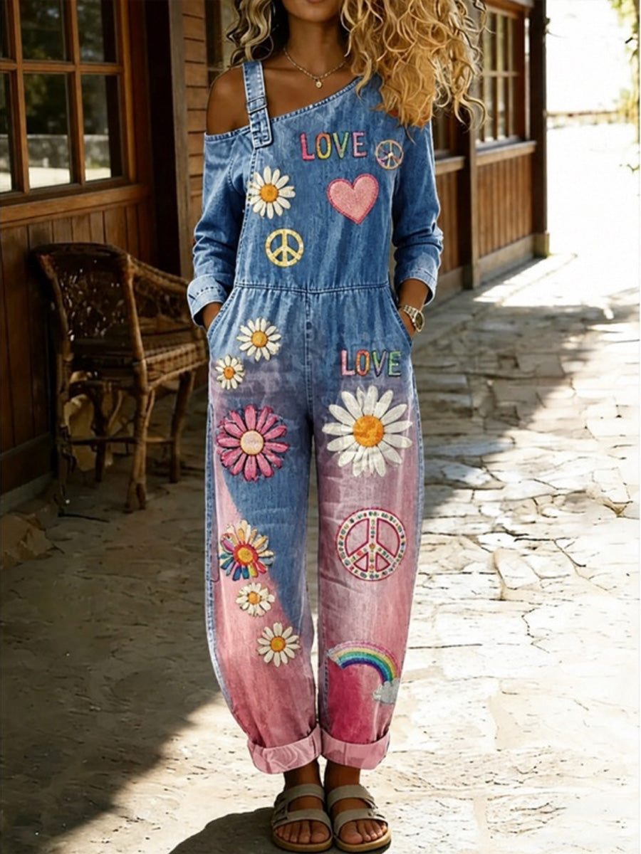 Women's Retro Style Floral Art Print Washed Cotton Denim Patchwork Jumpsuit