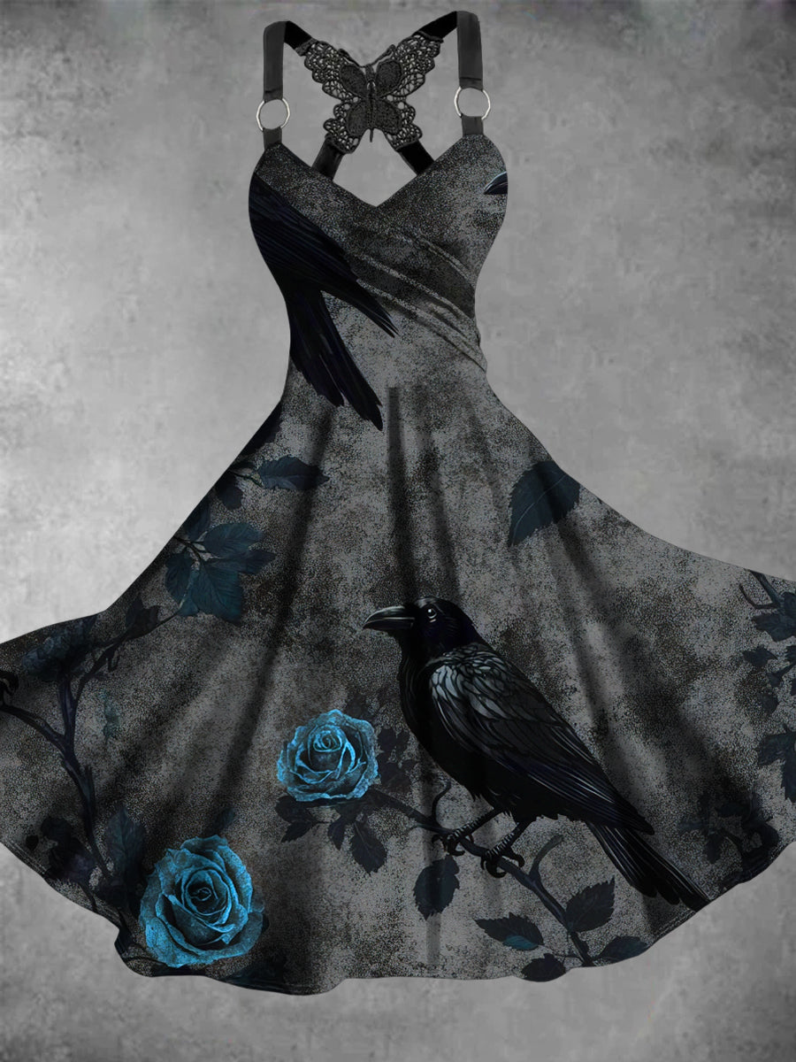 Gothic Crow Floral Art Print V-Neck  Vintage Midi Dress