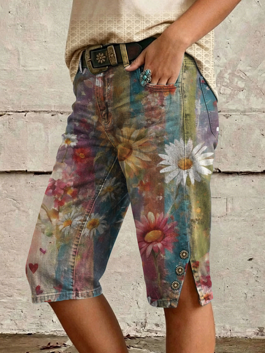 Retro Style Floral Print Vintage Casual Denim Shorts