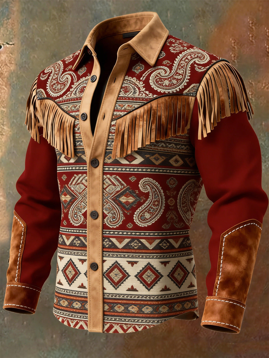 Men's Retro Western Style Art Print Vintage Tassel Casual Long Sleeve Shirt