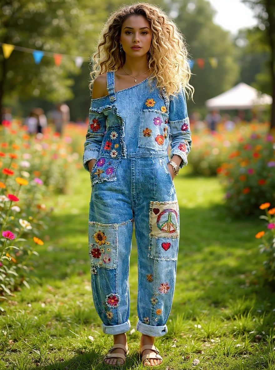 Women's Retro Floral Color-Blocked Art Print Washed Cotton Denim Patchwork Jumpsuit