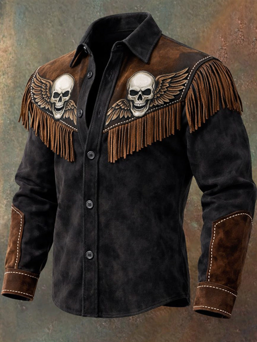 Men's Retro Western Style Skull Print Vintage Tassel Casual Long Sleeve Shirt