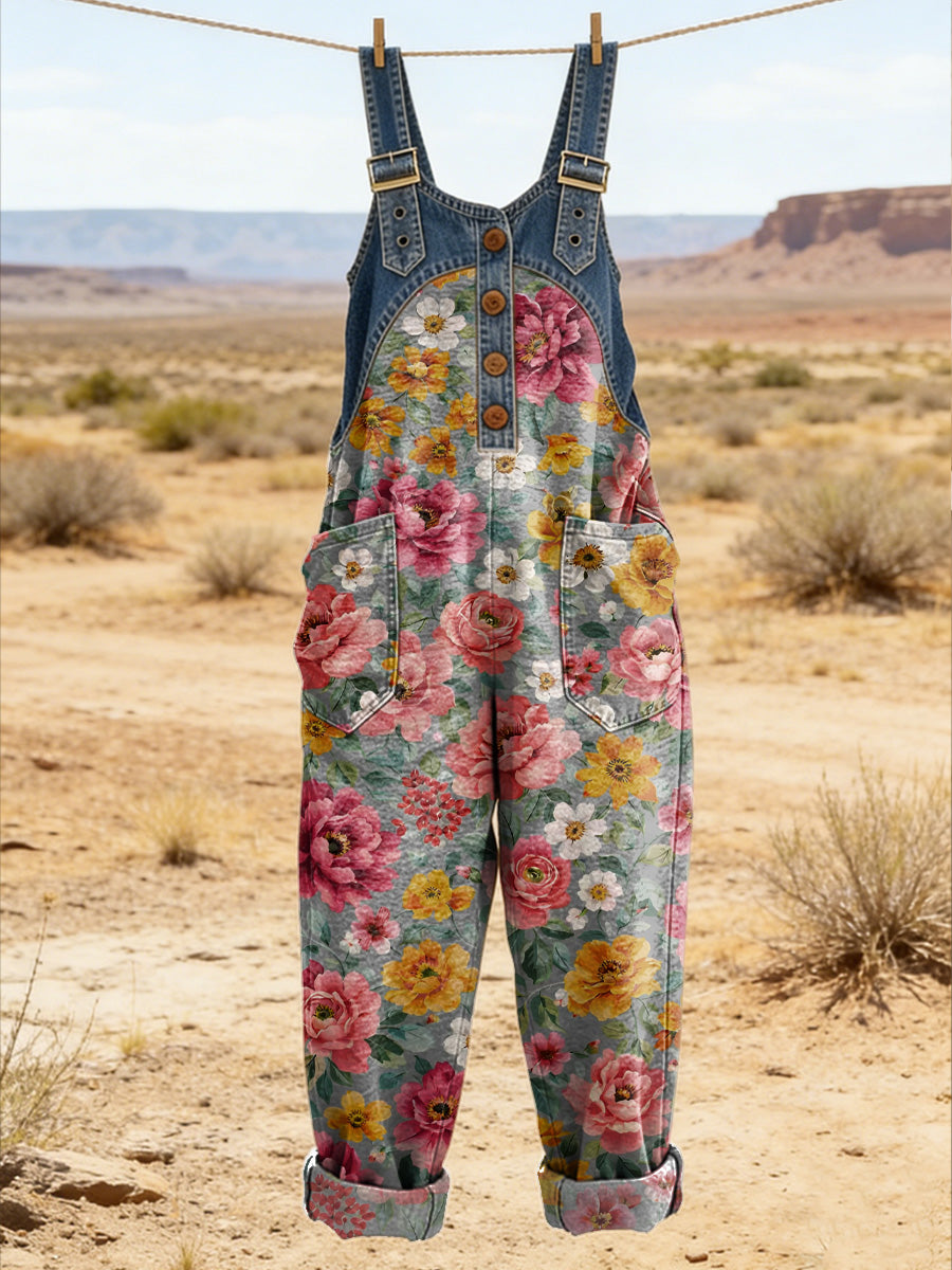 Women's Retro Floral Color-Blocked Art Print Washed Cotton Denim Patchwork Jumpsuit