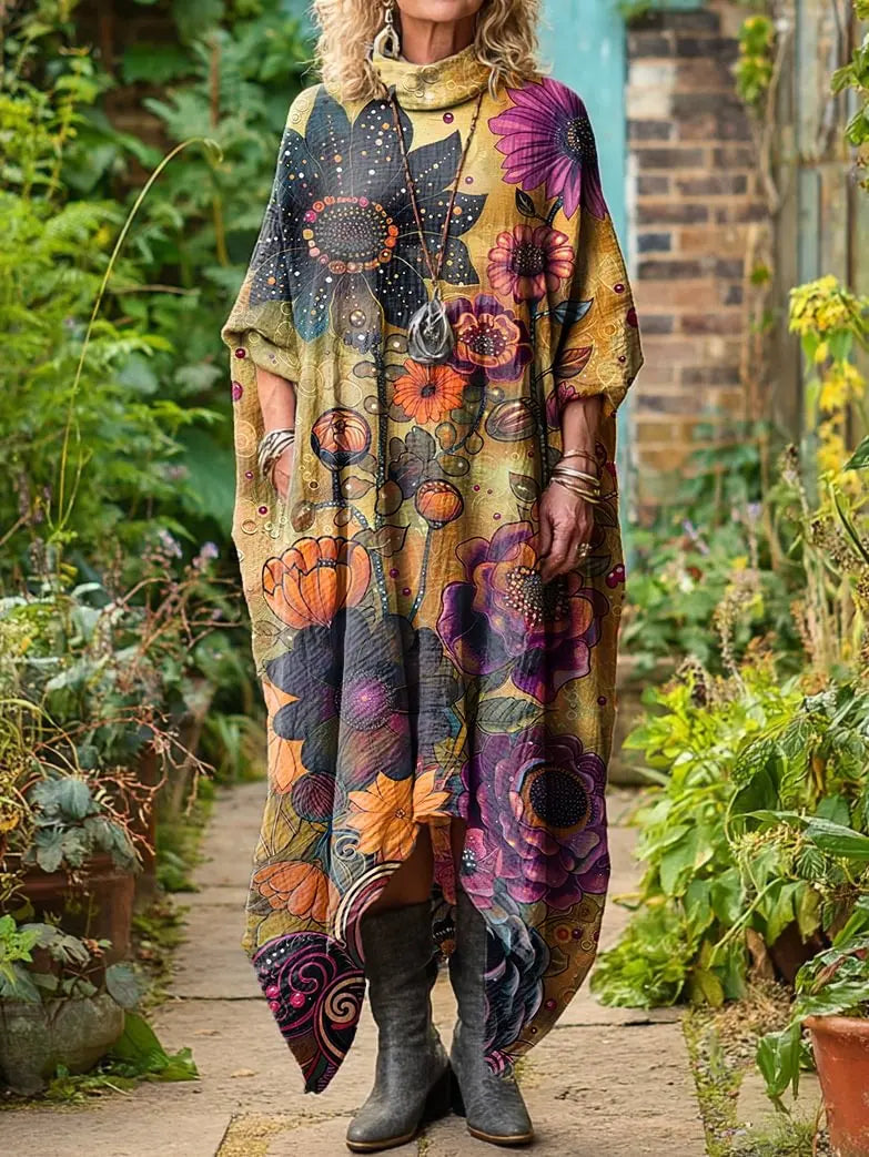 Retro Floral Art Print Long Sleeve Midi Dress