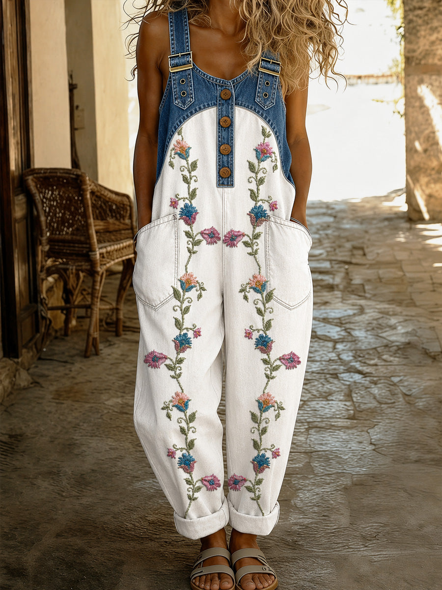 Women's Retro Style Print Washed Cotton Denim Patchwork Jumpsuit