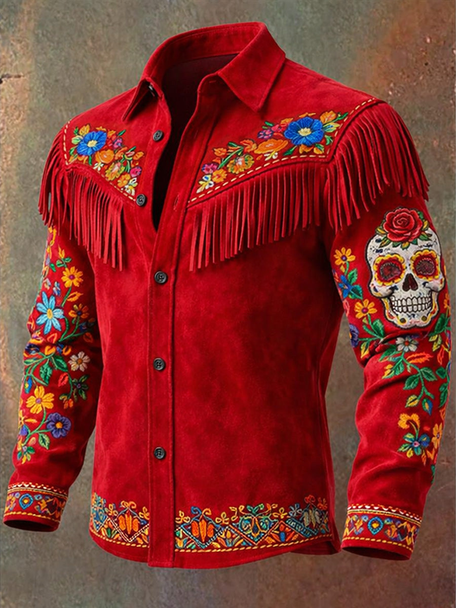 Men's Retro Mexican Art Print Western Vintage Tassel Casual Long Sleeve Shirt