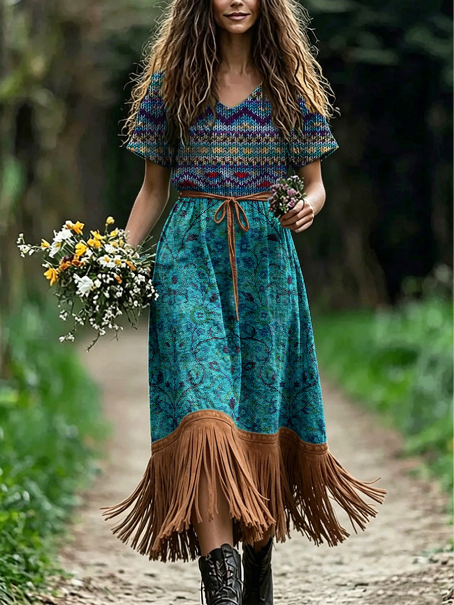 Women's Retro Floral Art Print Casual Vintage V-Neck Short-Sleeve Tassel Dress