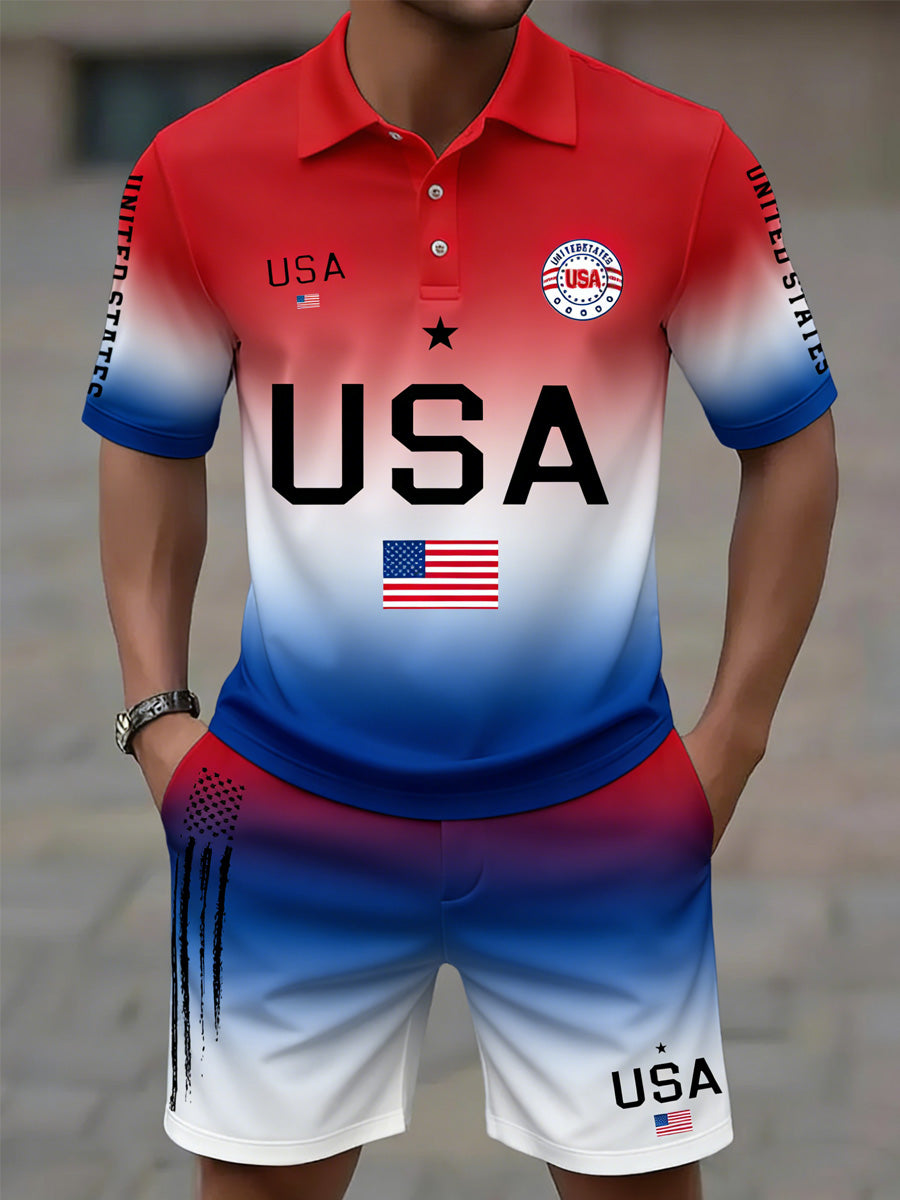 USA Flag Art Printed Resort Style Polo Shirt And Shorts Set