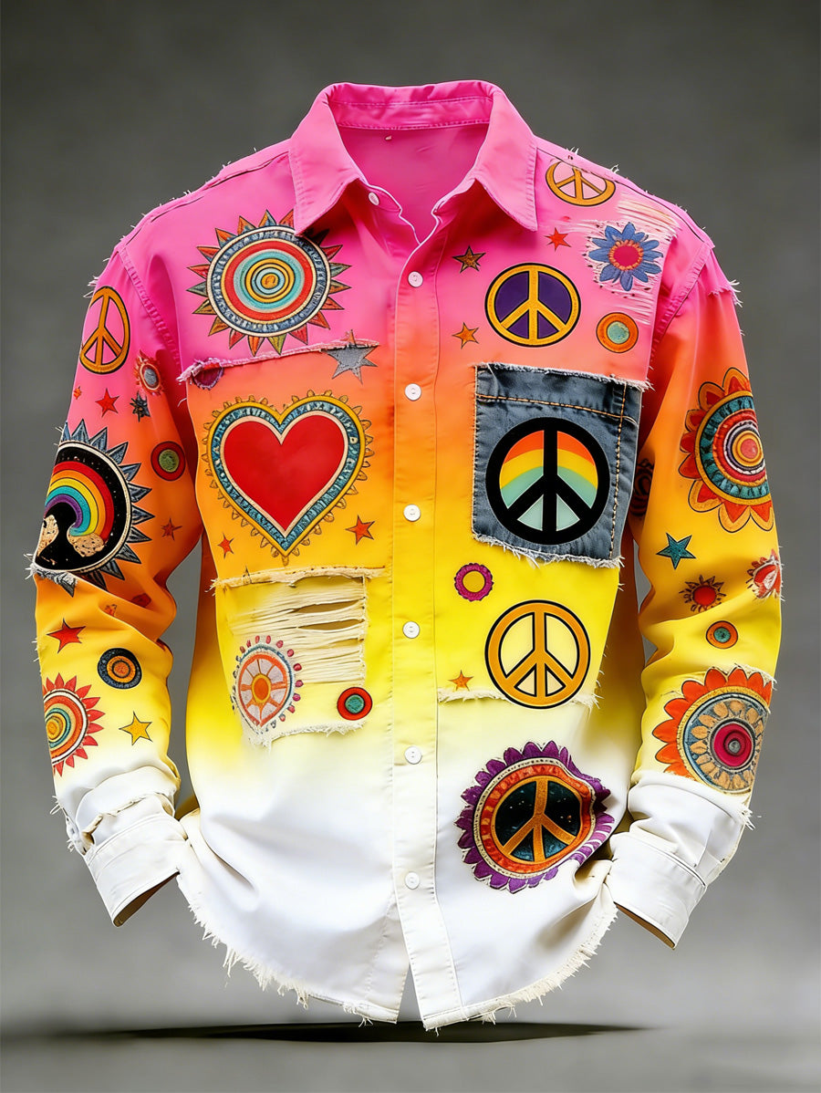 Men's Hippie Art Print Cotton Vintage Casual Cotton Long Sleeve Shirt