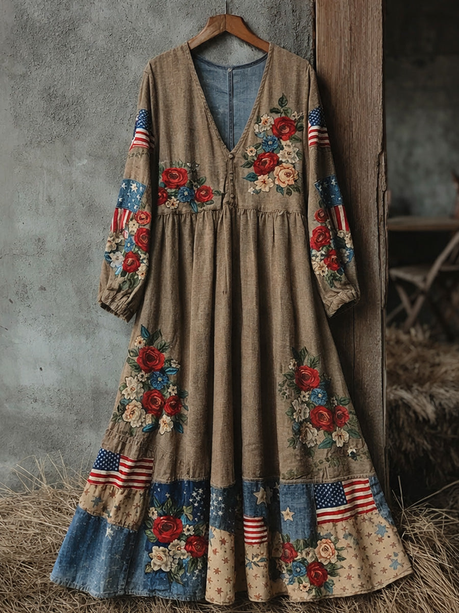 Retro USA Patriotic Flowers Art Print Casual Vintage V-Neck Pocket Long-Sleeve Maxi Dress