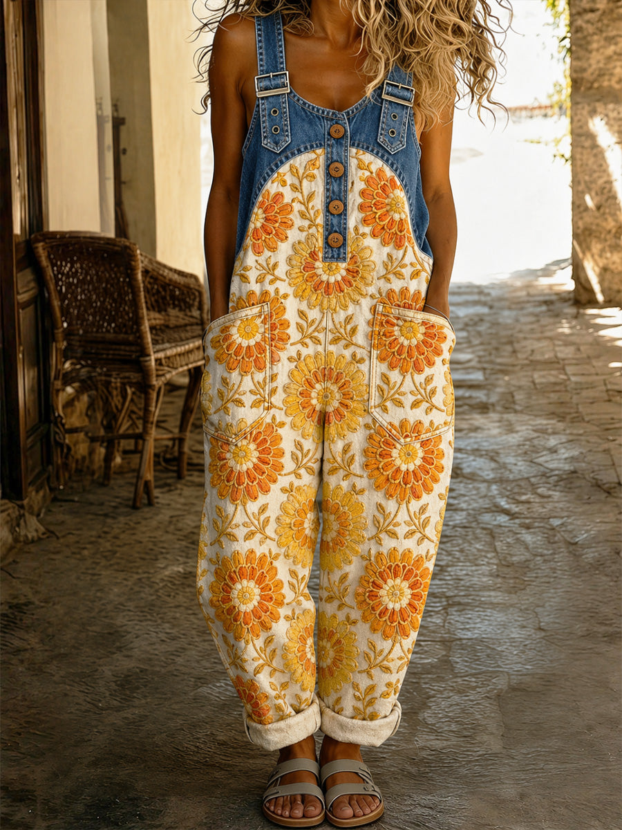 Women's Retro Style Print Washed Cotton Denim Patchwork Jumpsuit