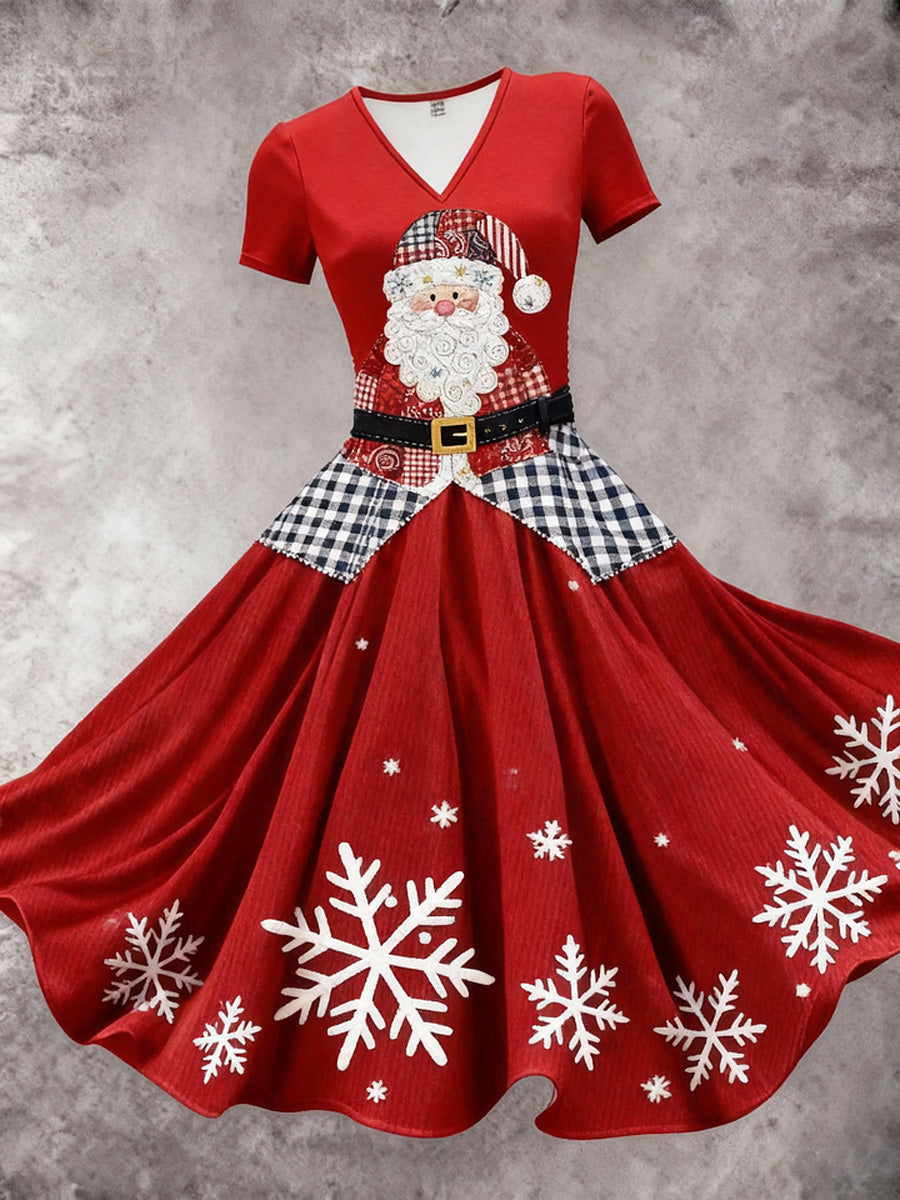Retro Christmas Carved Artistic Texture Printed Vintage V-Neck Short Sleeve Midi Dress