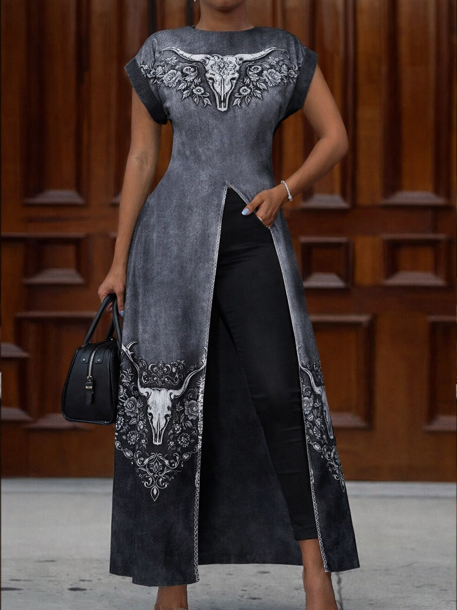 Retro Western Style Art Print Vintage Long Split Shirts Dress Skinny Pants Two-Piece Set