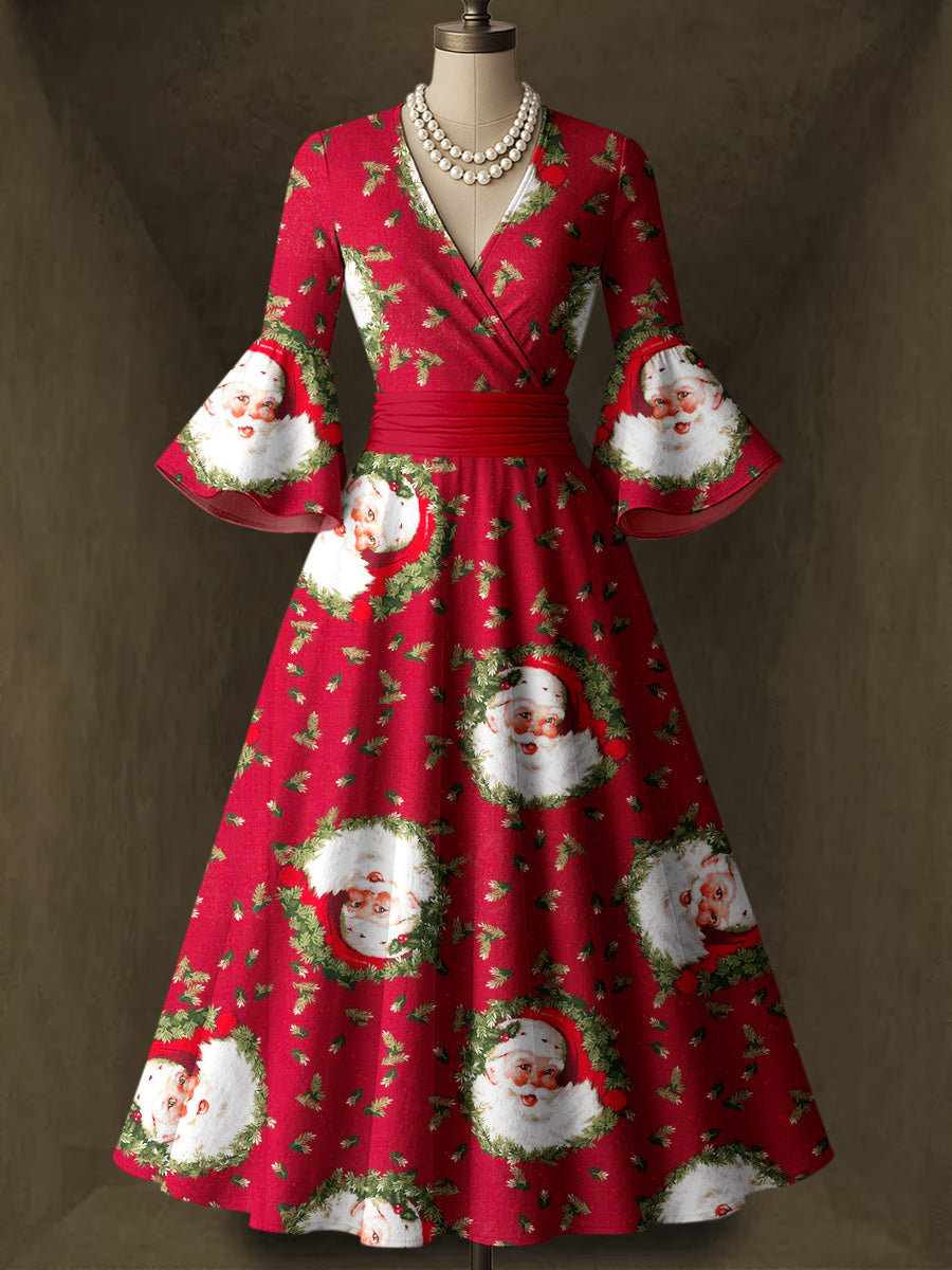 Retro Christmas Art Printed V-Neck Vintage Chic Pleated Waist Flare Sleeve Midi Dress