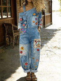 Women's Retro Floral Color-Blocked Art Print Washed Cotton Denim Patchwork Jumpsuit