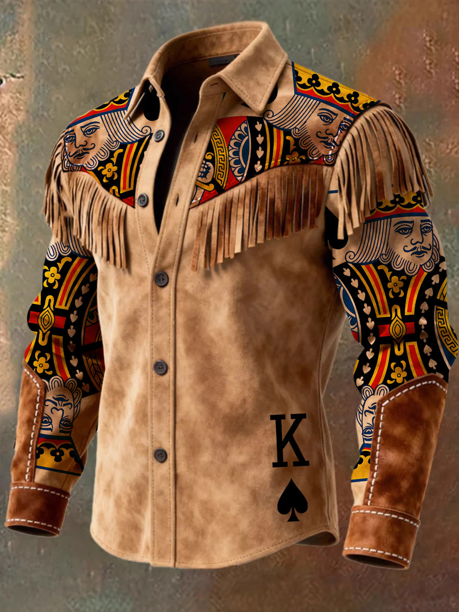 Men's Retro Western Style Art Print Vintage Tassel Casual Long Sleeve Shirt