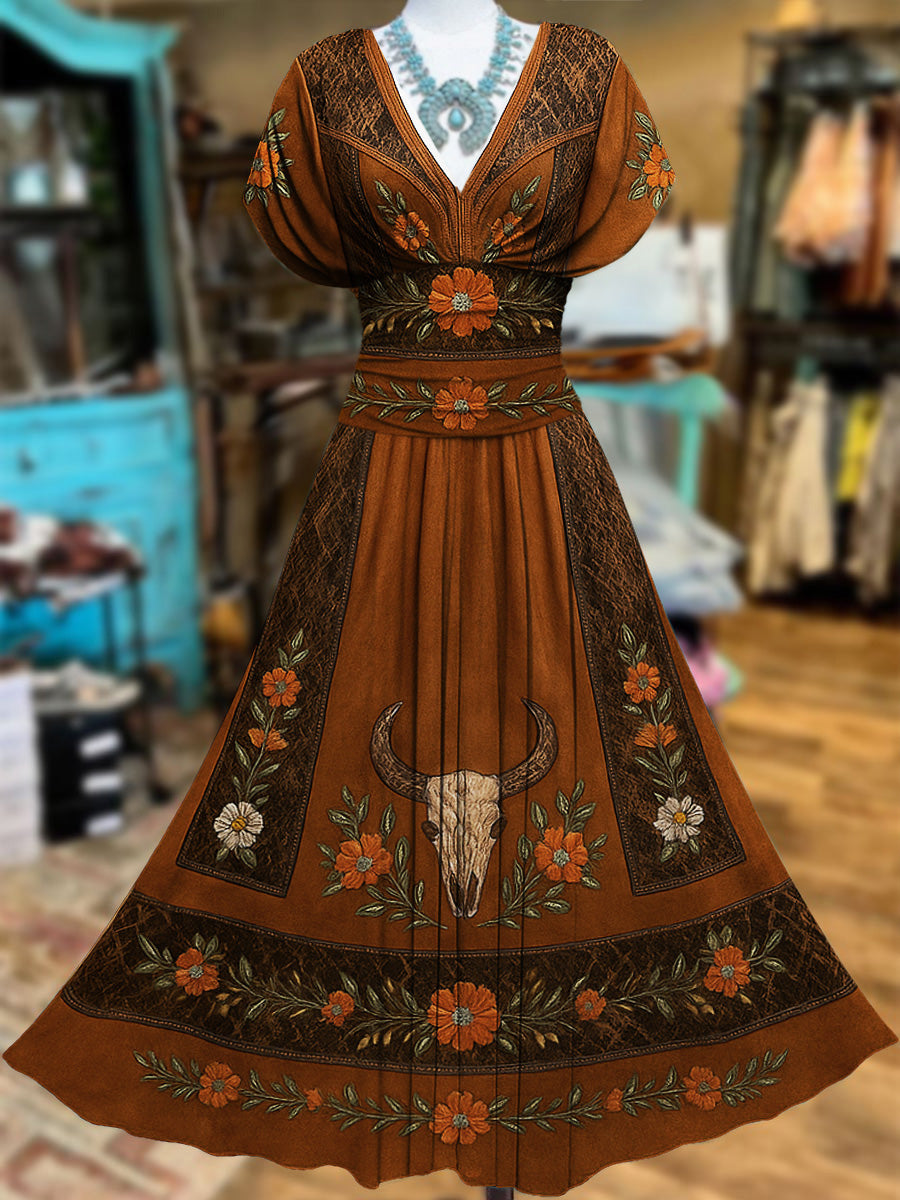 Retro Suede Floral Carved Art Printed Elegant V-Neck Vintage Batwing Short Sleeve Maxi Dress