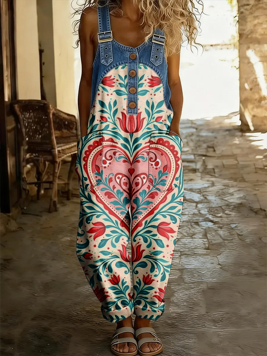 Women's Retro Floral Art Print Casual Jumpsuit