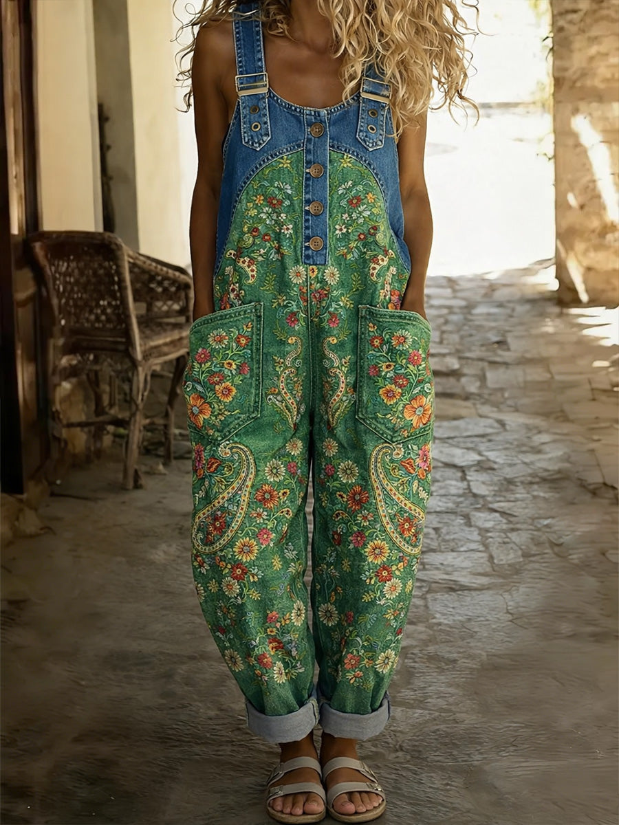 Women's Floral Art Print Washed Cotton Denim Patchwork Jumpsuit