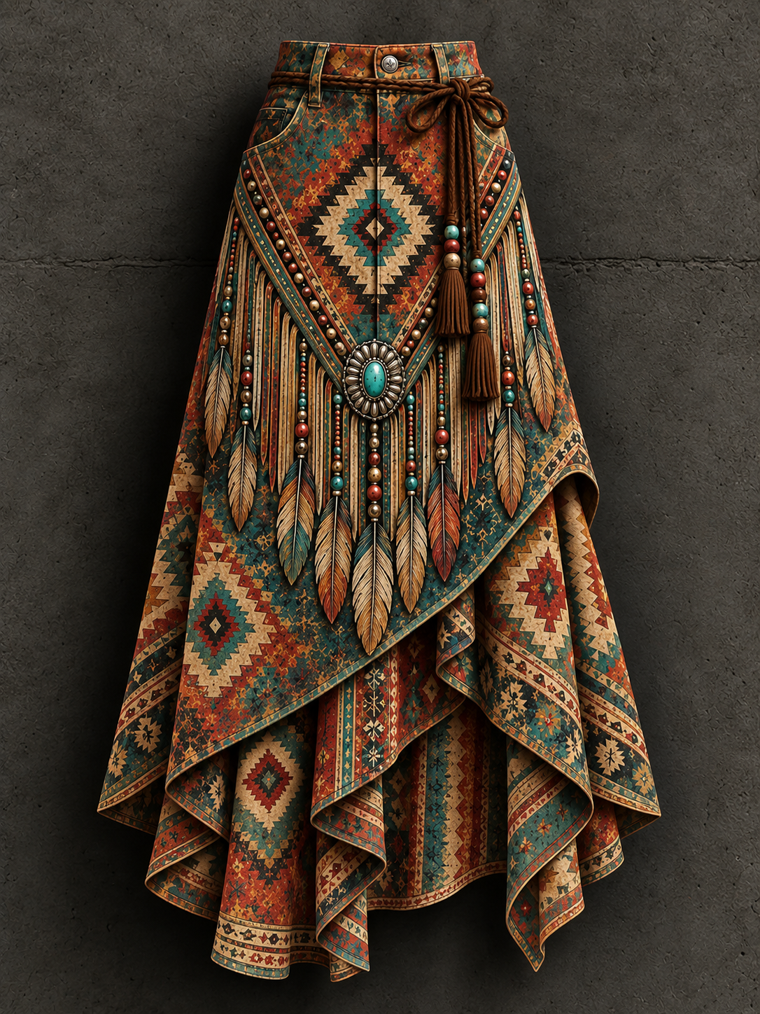 Women's Retro Style Art Print Irregularly Layered Stitched Skirt