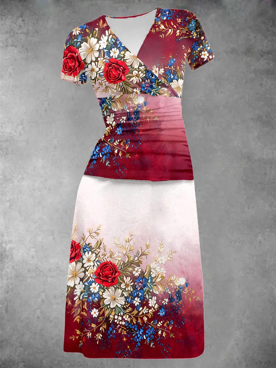 Retro Patriotic Flowers Art Printed Vintage V-Neck Pleated Waist Short Sleeve Midi Dress