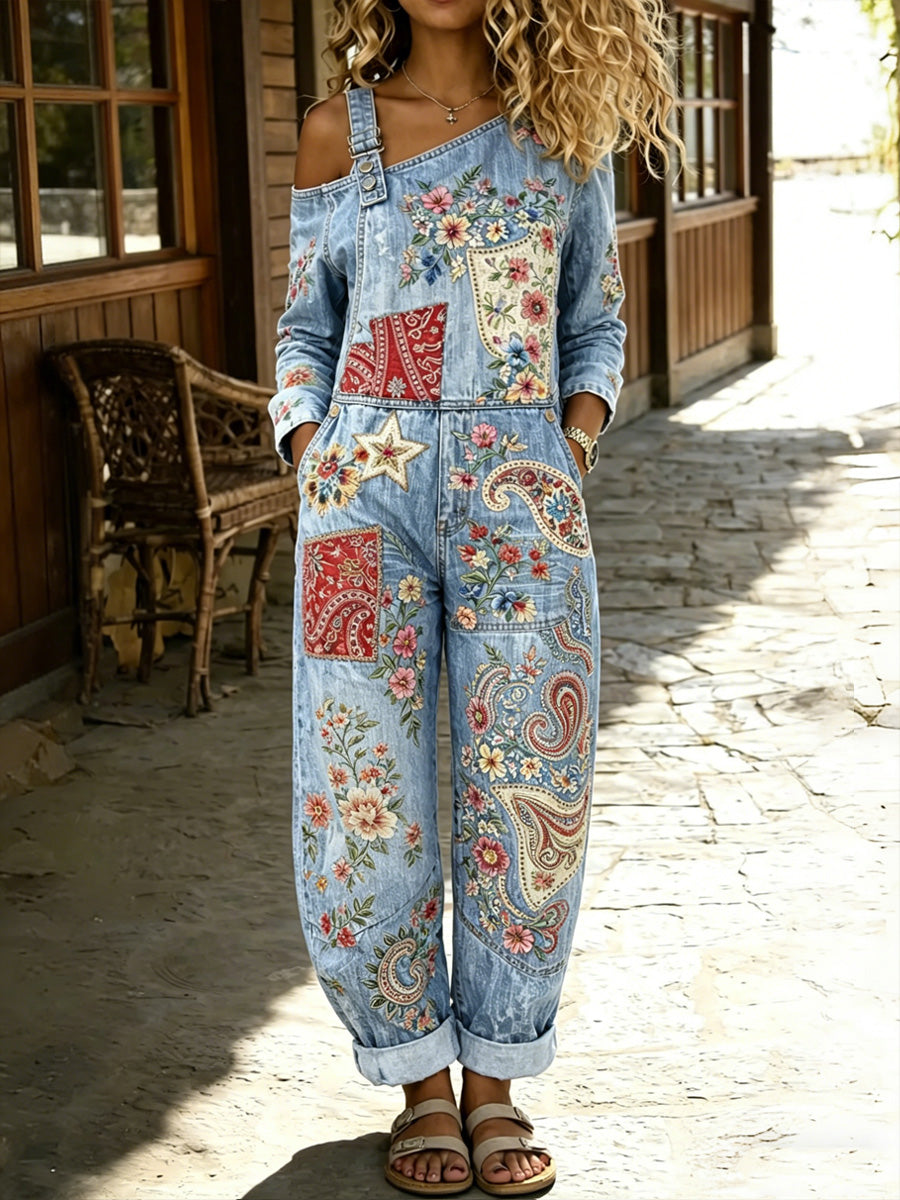 Women's Retro Style Floral Art Print Washed Cotton Denim Patchwork Jumpsuit