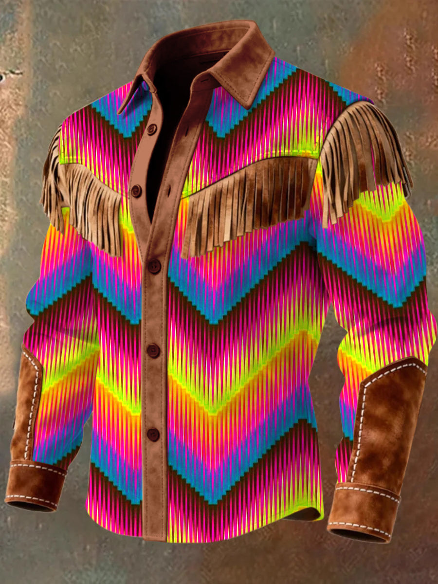 Men's Gradation Art Western Style Print Vintage Tassel Casual Long Sleeve Shirt