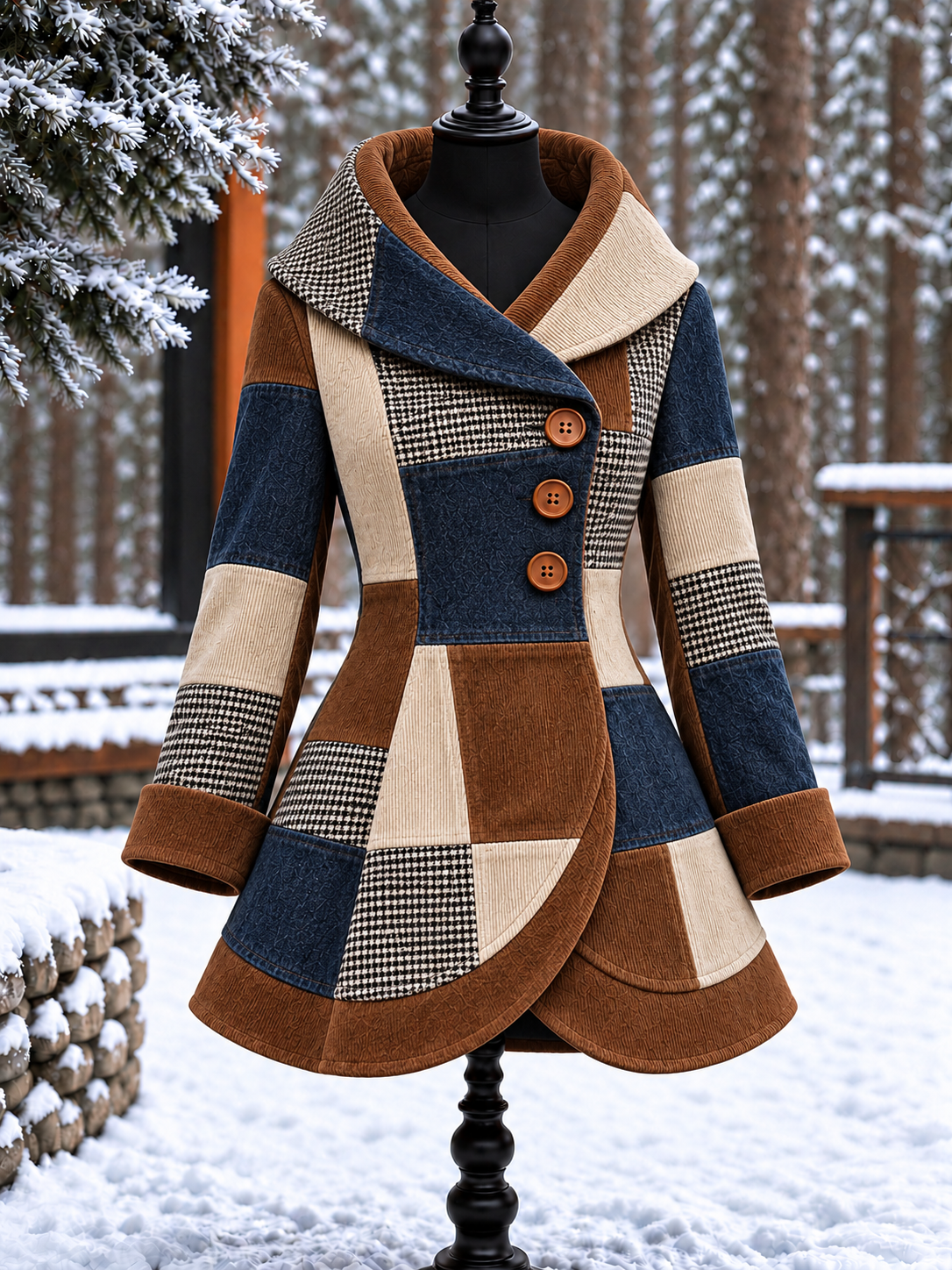 Women's Vintage Colorblock Asymmetrical Flared Coat