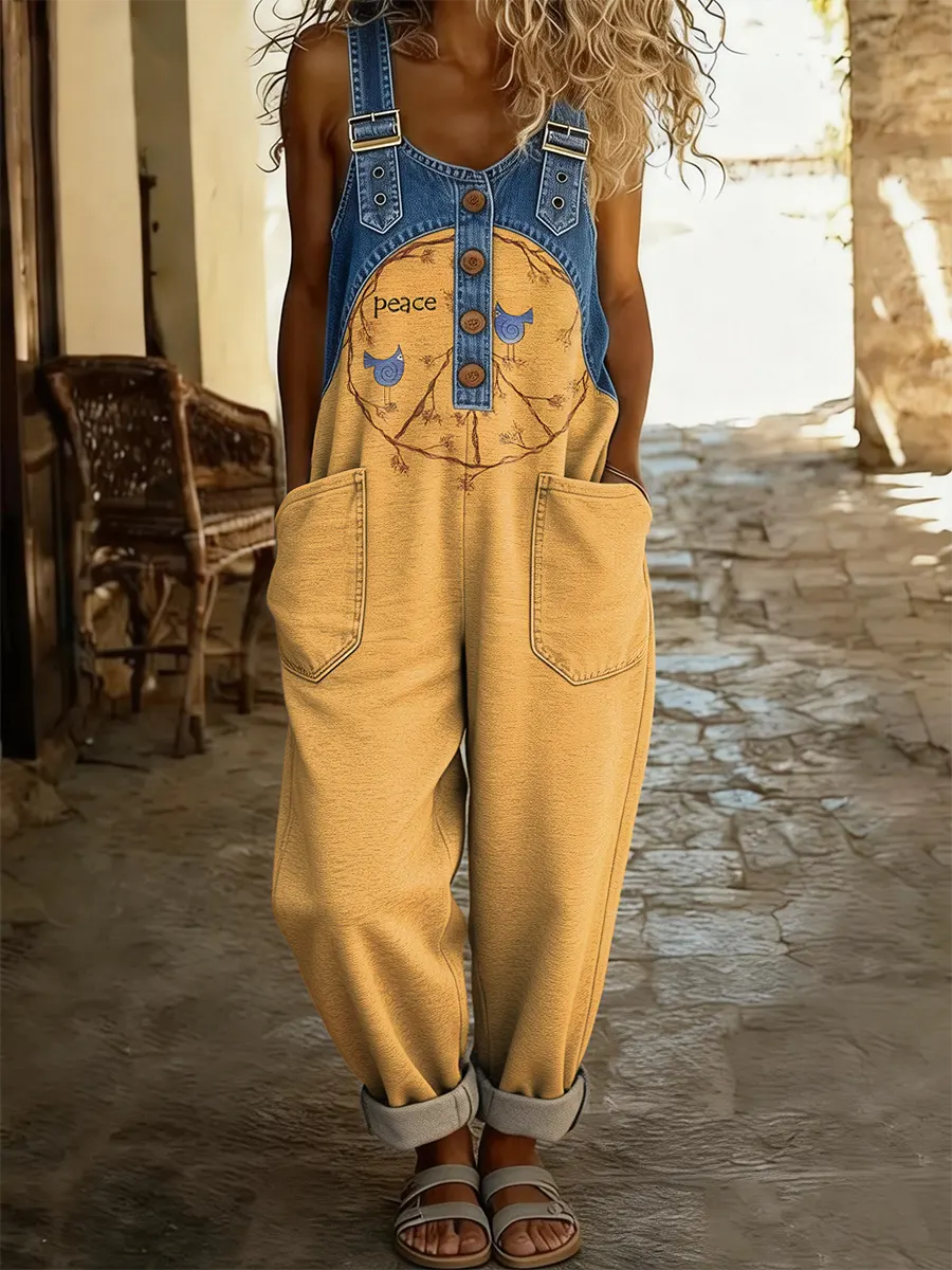 Women's Hippie Peace Bird Art Print Patchwork Jumpsuit