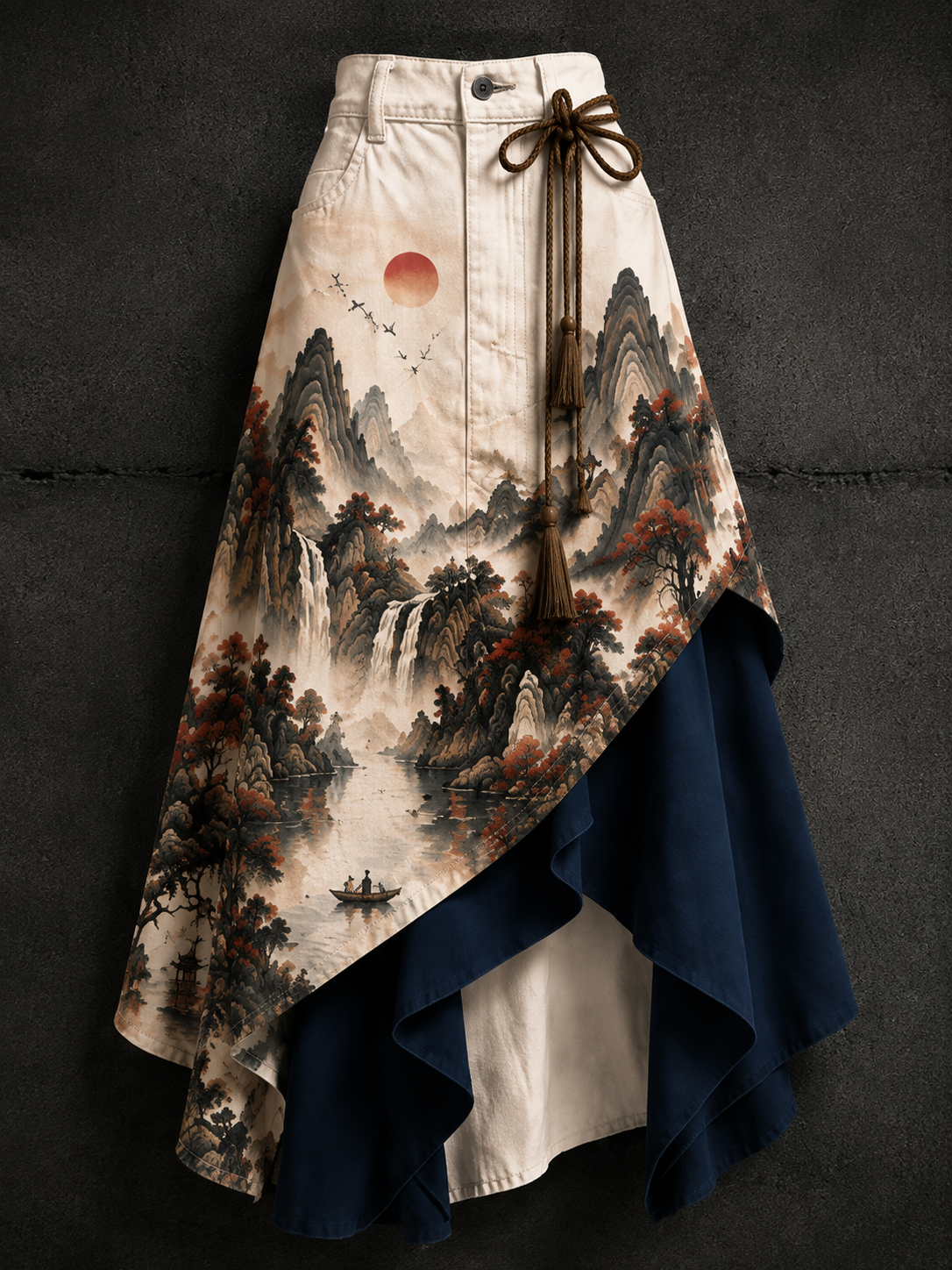 Women's Retro Style Art Print Irregularly Layered Stitched Skirt