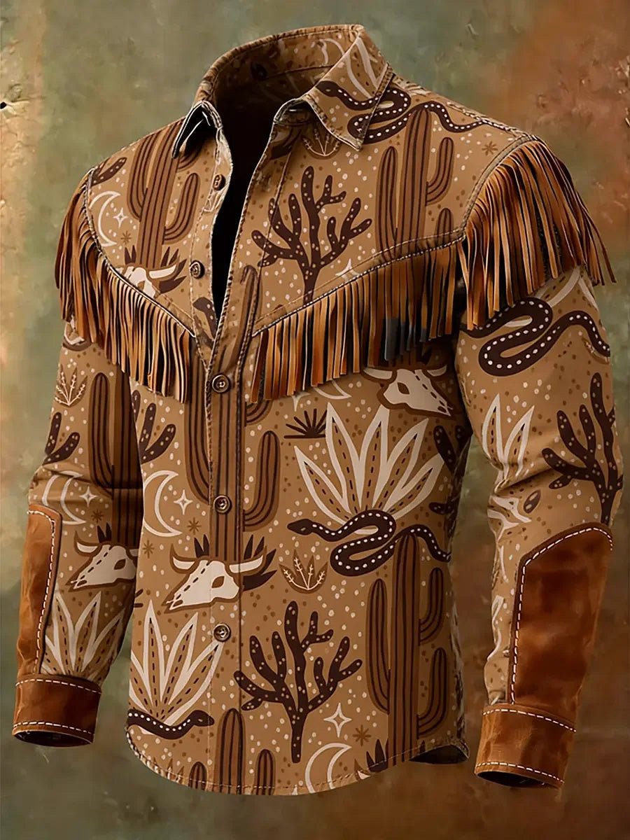 Men's Retro Western Style Print Vintage Tassel Casual Long Sleeve Shirt