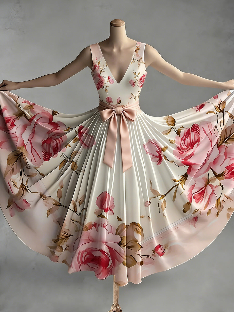 Retro Style Art Print V-Neck Sleeveless Cotton Maxi Dress