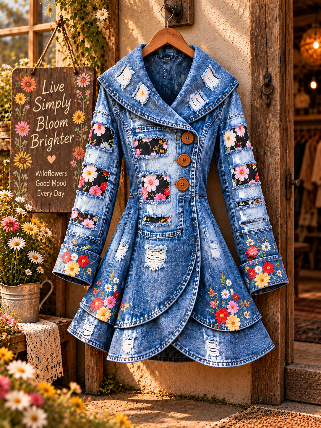 Women's Vintage Denim Floral Art Print Asymmetrical Flared Coat