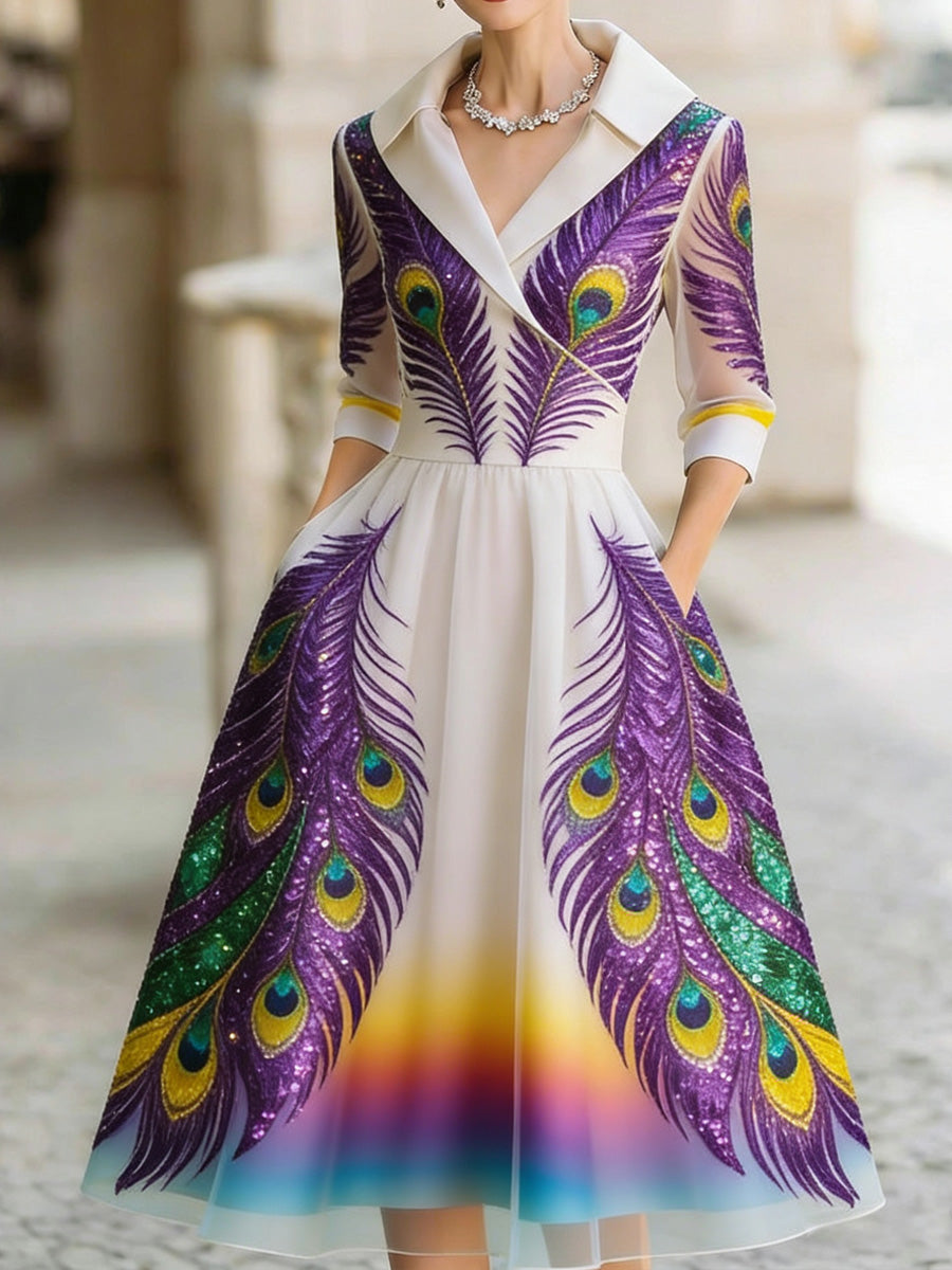 Retro Mardi Gras Art Texture Printed V-Neck Vintage Pocket-Style Long Sleeve Midi Dress