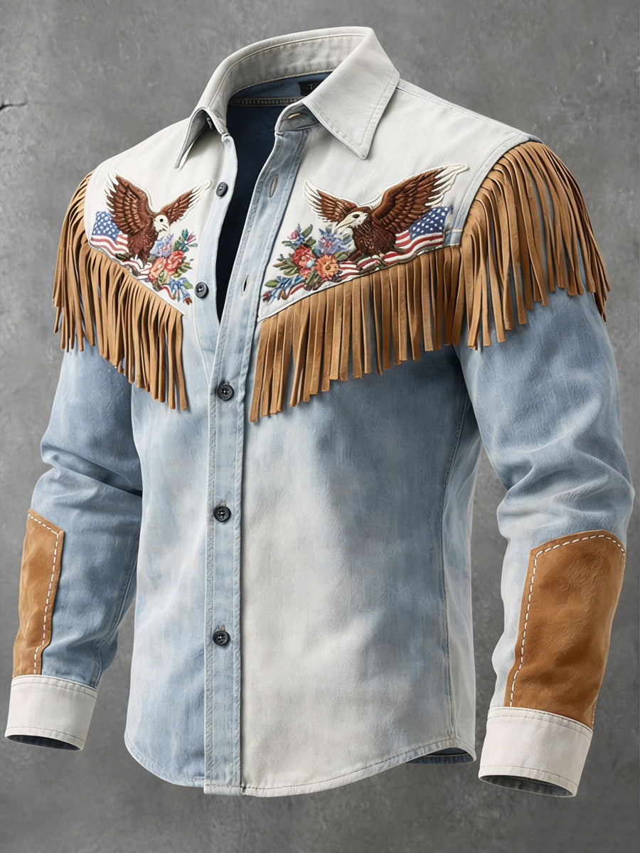 Men's USA Flag Art Western Style Print Vintage Tassel Casual Long Sleeve Shirt
