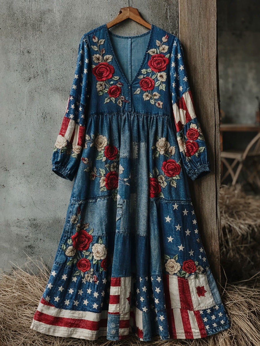 Retro USA Patriotic Flowers Art Print Casual Vintage V-Neck Pocket Long-Sleeve Maxi Dress