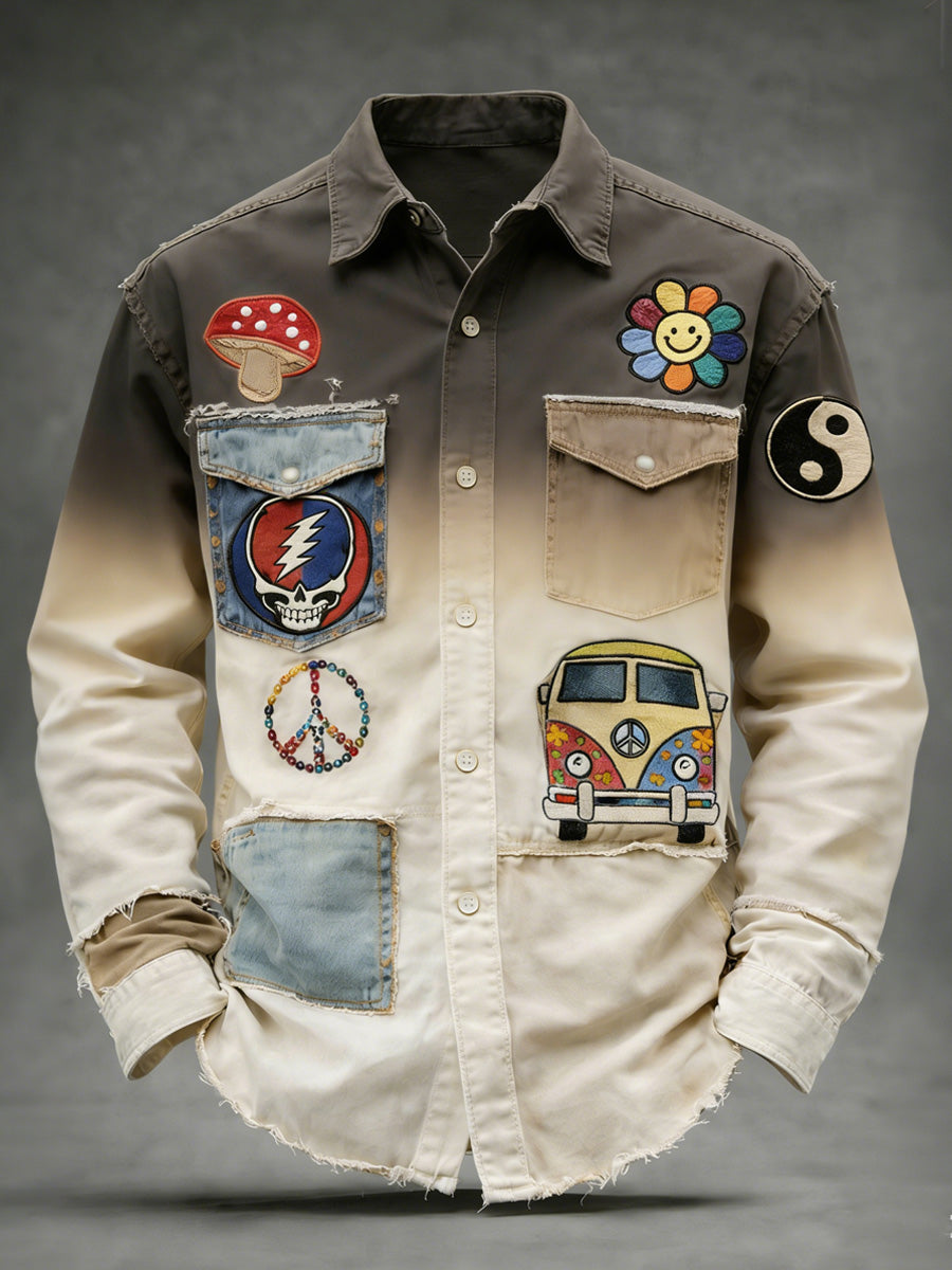 Men's Hippie Art Print Cotton Vintage Casual Cotton Long Sleeve Shirt